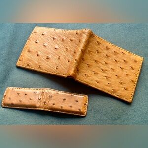 NWT Genuine Ostrich Leather Flat Fold Wallet and Magnetic Money Clip